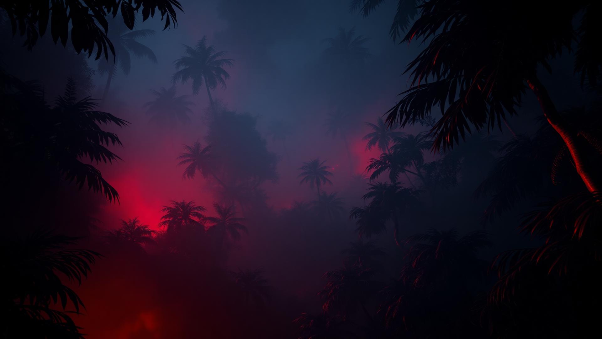 Dark jungle at night with red mist
